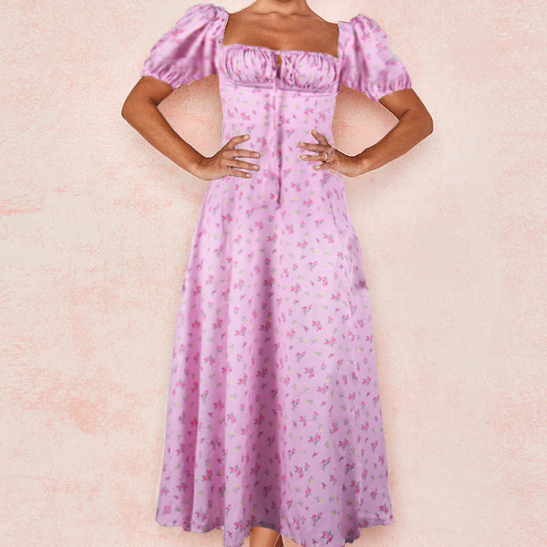 Fransk stil klänning blommig slim-fitting klänning med delad rem för kvinnor Pink L