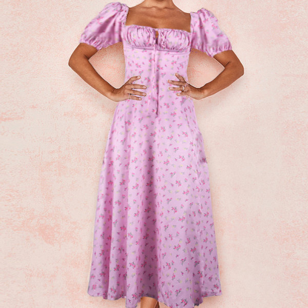 Kjole i fransk stil Floral Smaltsiddende Split Strap Kjole til kvinder Pink 2XL