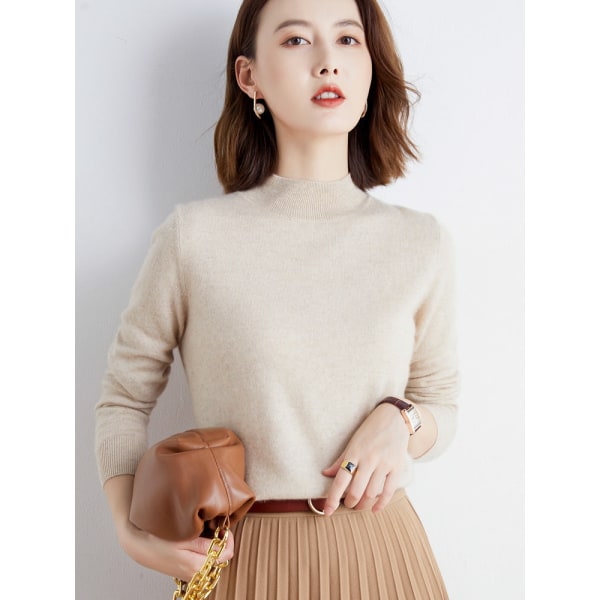 Damestrik Høst Vinter Genser Løs Mock Neck Pullover Bunnskjorte Løs pluss størrelse Beige M