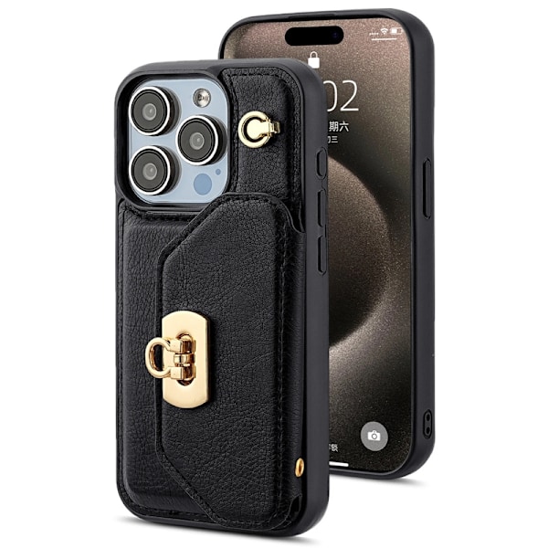 Kotelo iPhone 15 Plus -puhelimelle, musta miesten olkalaukku, lompakko, korttipaikka, olkanahka