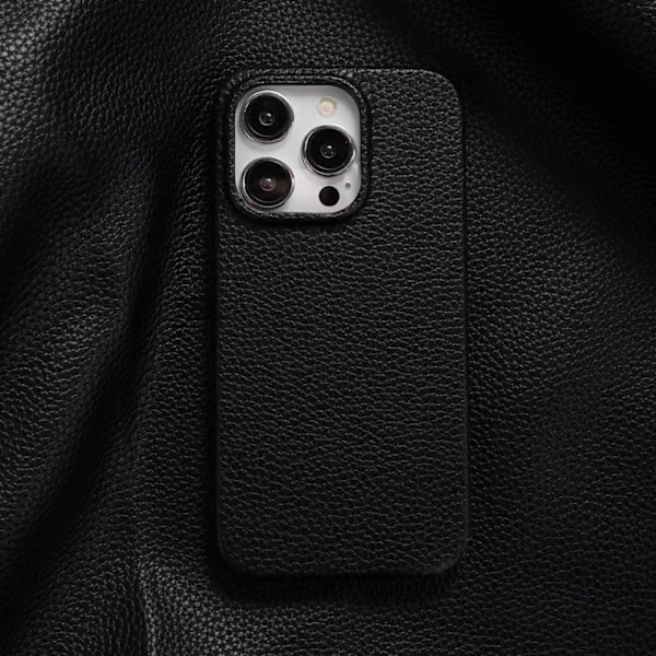 Etui til iPhone 15 lychee mønster sort læder mønster simpelt solidt hårdt faldsikret
