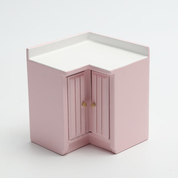 Miniatyrmøbler Leketøy Dukker Hus Gjør-det-selv-dekorasjon Tilbehør Mini 1:12 Kjøkken Benk vask skap Pink corner cabinet