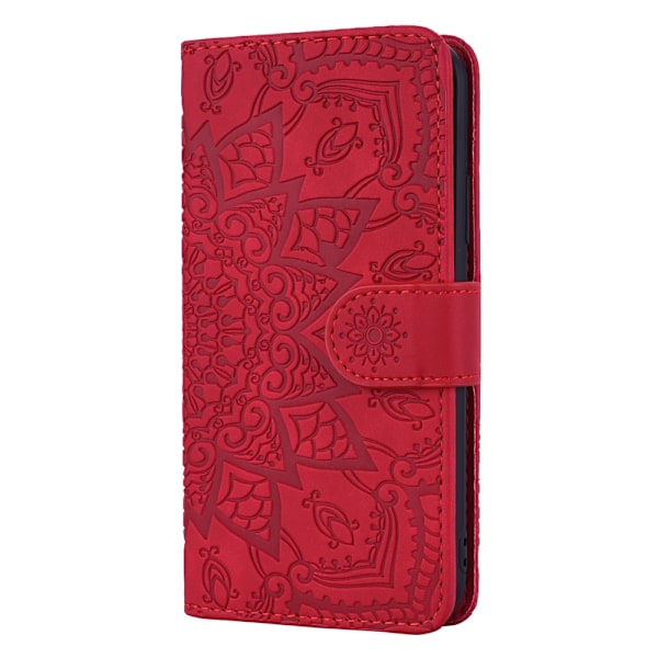 Fodral för iPhone15Pro rött präglat solrosläderfodral dubbelvikt kant retro palatsblomma emb