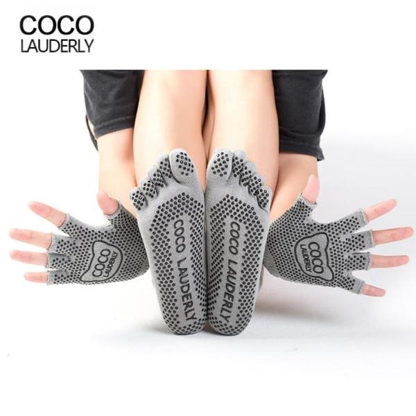1 Sæt Yoga Socks Handsker Kvinder Skridsikker Fem Finger Toe Sokker Pilates Massage Atletisk Sports Sokker Handsker Sæt Grey