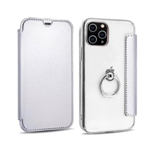 Fodral för iPhone 14 Silver med ring Flip läder elektropläterad PU ring transparent kortplats