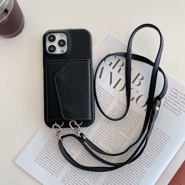 iPhone 15plus -kotelo, litsikuvio, korttipidike, kauneuspeili, kaulanauha, musta, japanilainen ja korealainen