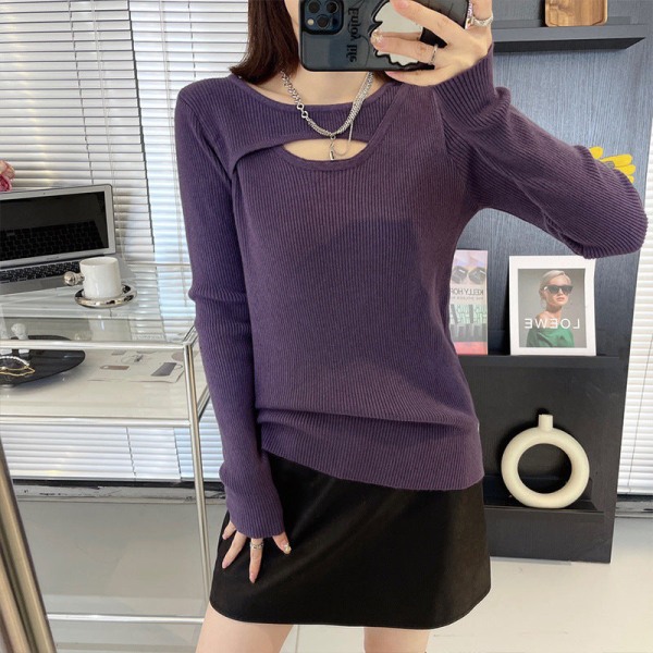 Kvinder Strik Efterår Vinter Sweater Bottoming Hul Chic Lusket Design rundhalset Mode Purple M