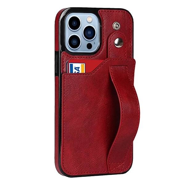 Etui til iPhone 14 Pro, lys rød håndledsrem, kort, håndledslæder, stativ, pung