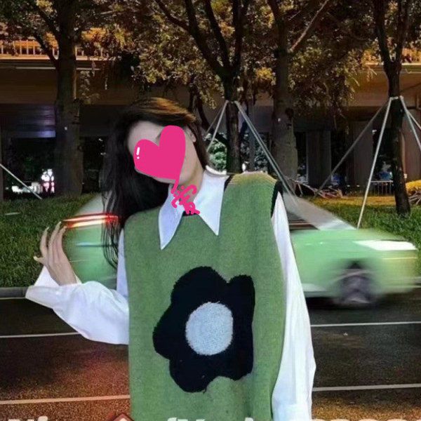 Kvinder Strik Efterår Vinter Sweater Koreansk Stil Blomstervest Slankende Løs rund hals Overtøj Green 60*110cm