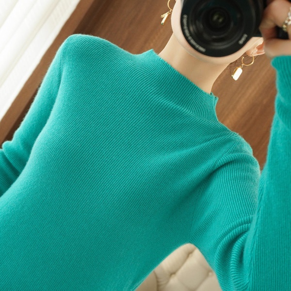 Kvinder strik efterår vinter sweater koreansk stil halvhøj krave indre match base skjorte ensfarvet Water Green L