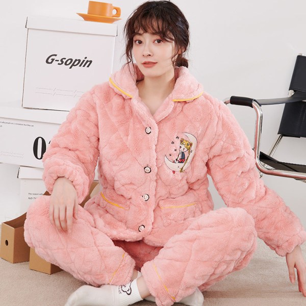 Vinter trippel fortykket og fleecebomull Plus-størrelse isolerende plysj pyjamas for damer pink L