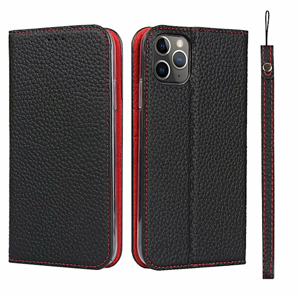Etui til iPhone 13 Pro sort lychee læder visitkort slot flip sugekop