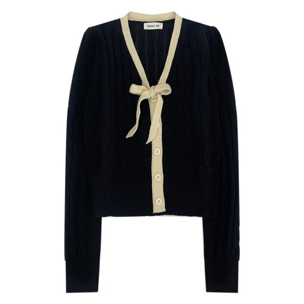 Kvinder Strik Efterår Vinter Sweater V-hals Twist Koreansk Snøring Farve Kontrast Kort Black 35*84*60cm