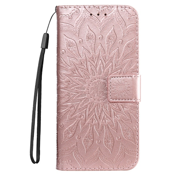 iPhone 16 -kotelo, ruusukultainen, kohokuvioitu auringonkukkainen nahkakotelo