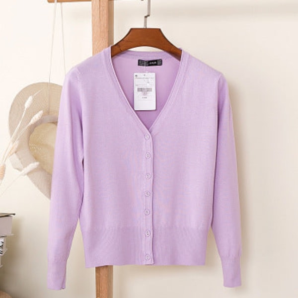 Damestrikk Høst Vinter Genser Loose Crop Top Cardigan Langermet Inverness Violet XL