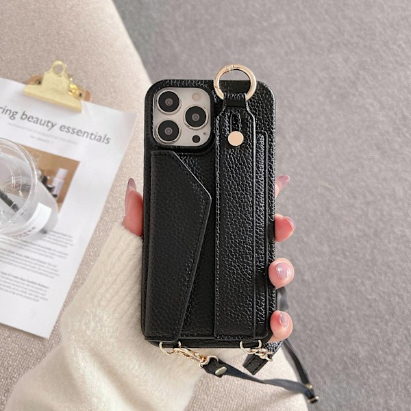 Kotelo iPhone 15 PROMAX -puhelimelle, musta ranneke, litsi-kuvio, crossbody-korttipidike