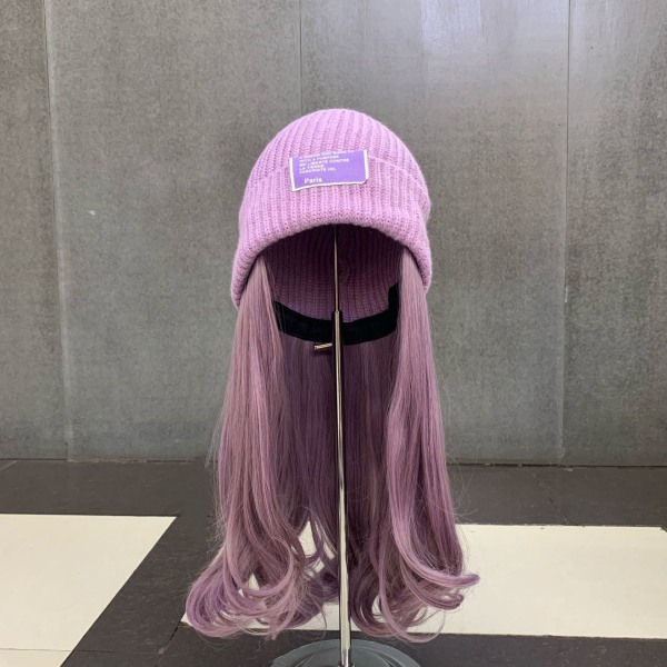 Varm vinterstrikkede lueluer Lilla koreansk stil All-Match usynlig avtakbar lue parykk unisex Pink-knitted hat wig M（56-58cm）