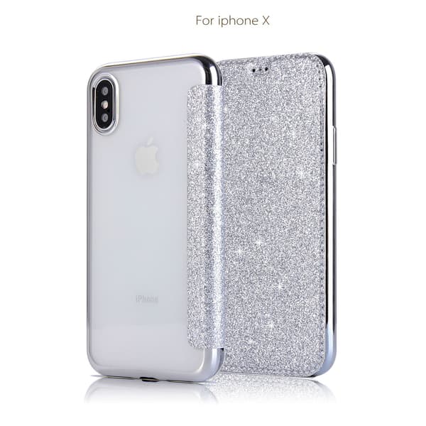 Fodral för iPhone15plus/14plus silver seliver elektropläterad PU glitter läder kortplats