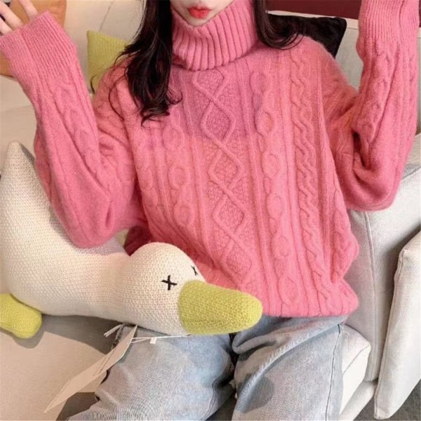 Kvinder strik efterår vinter sweater rullekrave trøje Enkel afslappet løs og tomgang snoet jakke Pink M