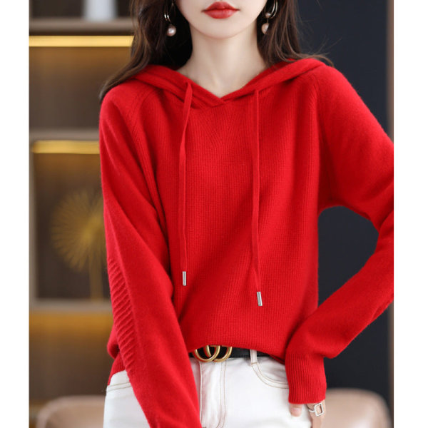 Kvinnor stickat höst vinter tröja huvtröja Lös mångsidig enfärgad topp Red XXL