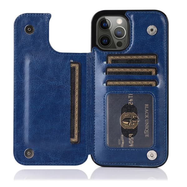 Fodral för iPhone15promax blått solid dubbelspänne läder plånbok kortplats