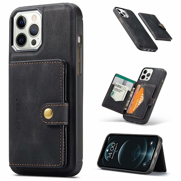 Etui til iPhone 13 Pro sort retro magnetisk kortholder slot split wallet læder