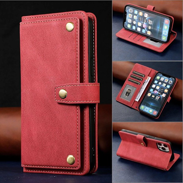 Etui til iPhone 13 Pro 6.1 rød retro læder flip multi funktion kort slot