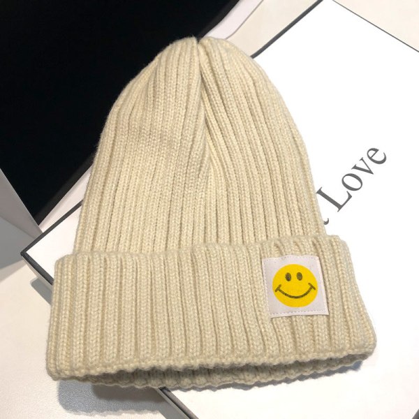 Varm vinterstrikk lue Lue Rosex rundt ansikt Vinter Ull Damelapp Smileyansikt Koreansk stil All-Match Unisex Beige M（56-58cm）