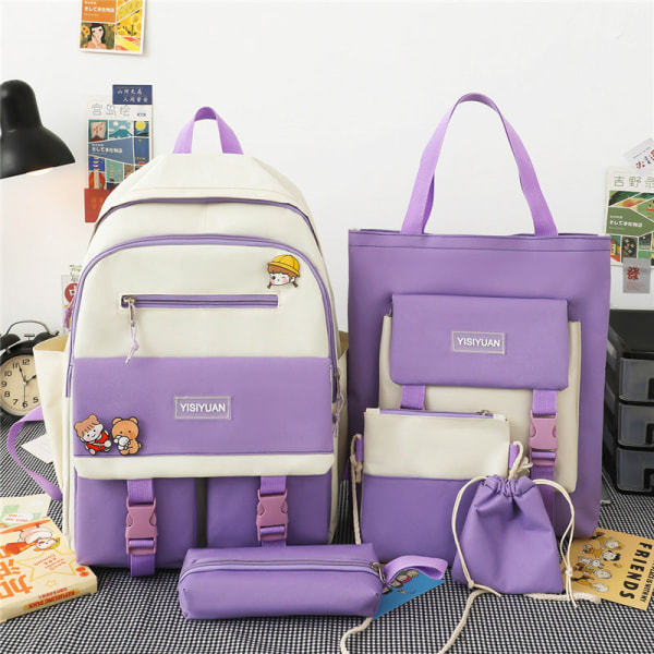 Ny femdelt skolesekk kvinnelig koreansk Harajuku Kontrastfarge Stor kapasitet Purple with white