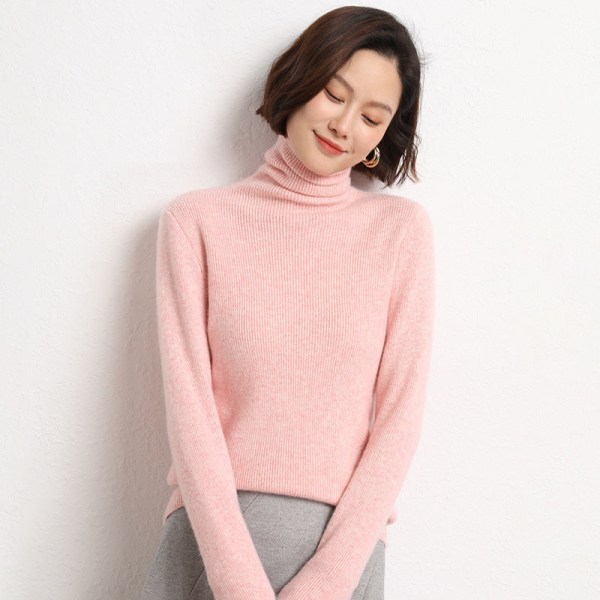 Kvinder Strik Efterår Vinter Sweater Pile Krave Tight Bottoming Skjorte Slim Fit All-Matching High Neck Pink L