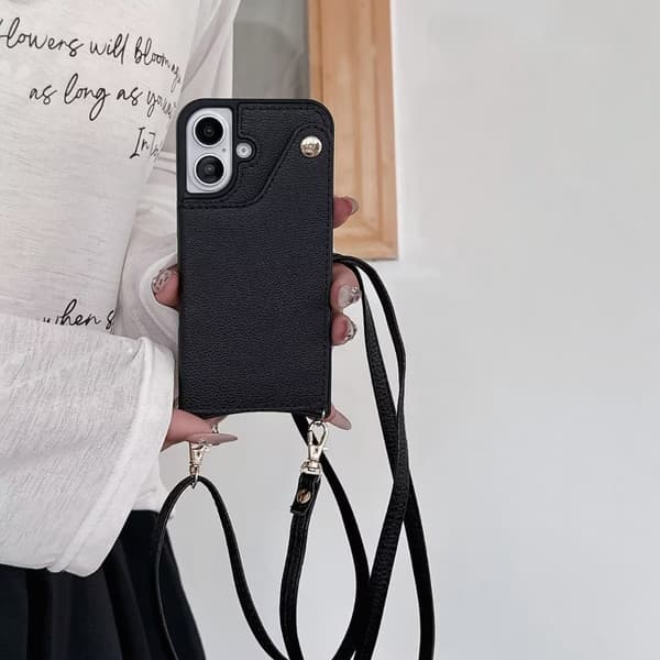 Fodral för iPhone16 svart crossbody fishtail multi card solid full anti fall sticker