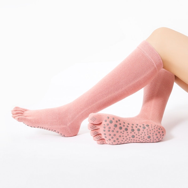 4 par dame ensfarvet mellemlægslængde bomuld fitness femfinger sokker dispensering skridsikre yogasokker Pink