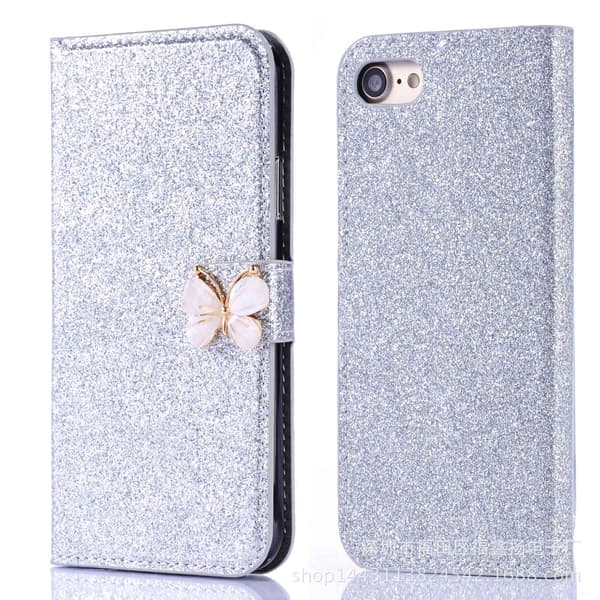Fodral för iPhone 14 Plus Silver rosett glitter diamantbesatt läder kortplats flip plånbok