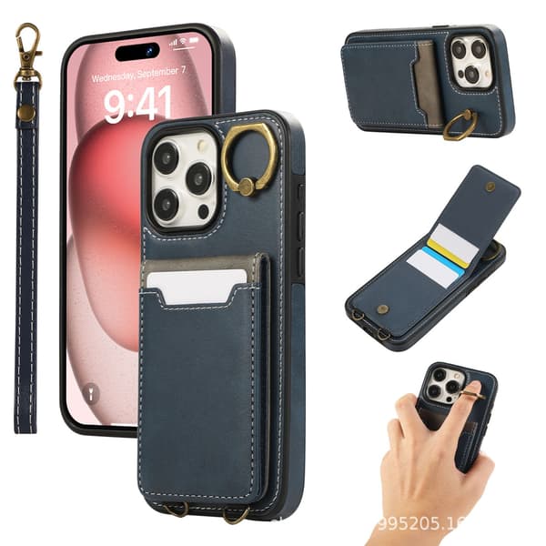 Etui til iPhone 16 Pro Max blått kortspor multifunksjonelt lær