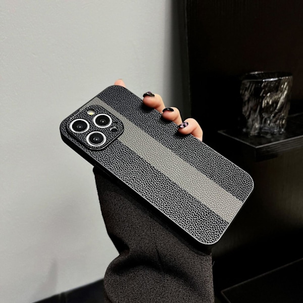 Etui til iPhone 15 Plus, svart og grå matchende kreativt lammeskinn