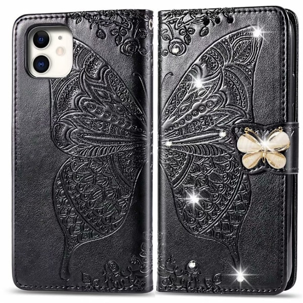 Fodral för iPhone 13 Mini svart diamantpräglad fjäril läder blomplatta