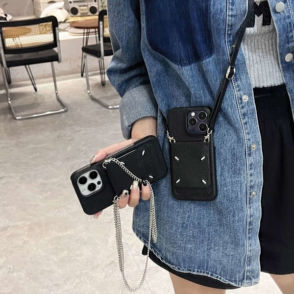 Etui til iPhone 14pro 6,1 tommer sort broderet kortholder sølv cirkelkæde crossbody coi