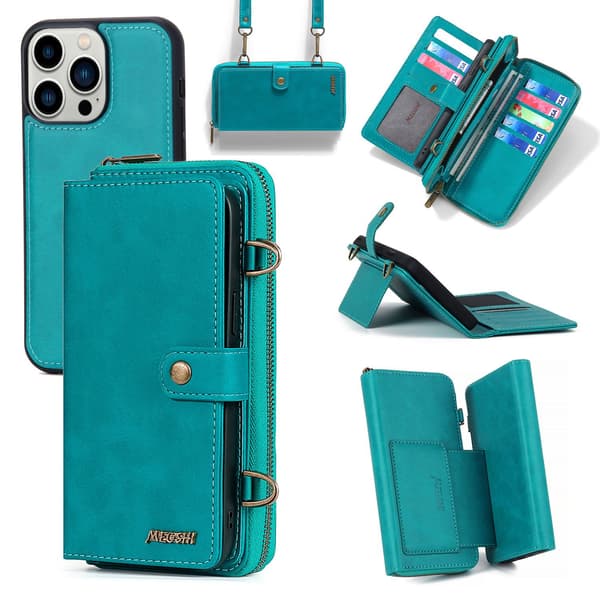 Etui til iPhone15Pro blåt læder crossbody multifunktionel pung