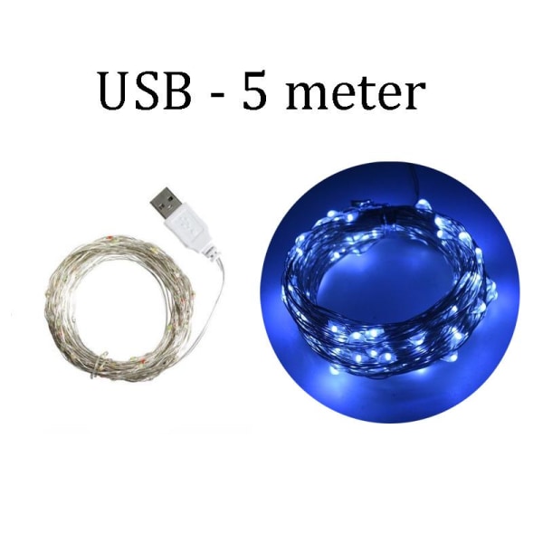 8 lägen Soldrivna ljusslingor Fairy Koppartråd Strängljus för julträdgårdsdekoration Blue USB- 5 M