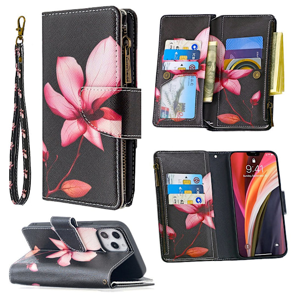 Etui til iPhone 14 Pro Max Lotus malet lynlås læder multi funktion kort slot pung multi c