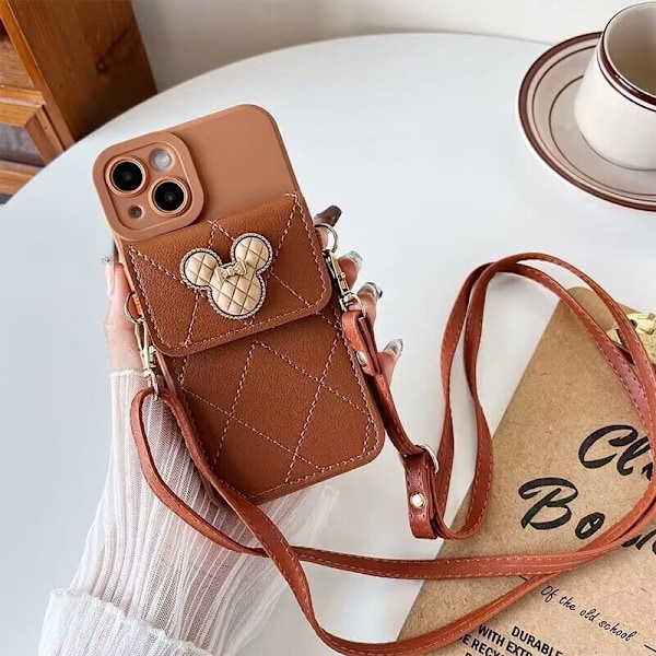 Etui til iPhone 13 Pro Max [Brun] Diamant Mickey Mouse Hoved Kortholder Crossbody ins Pung Blød La