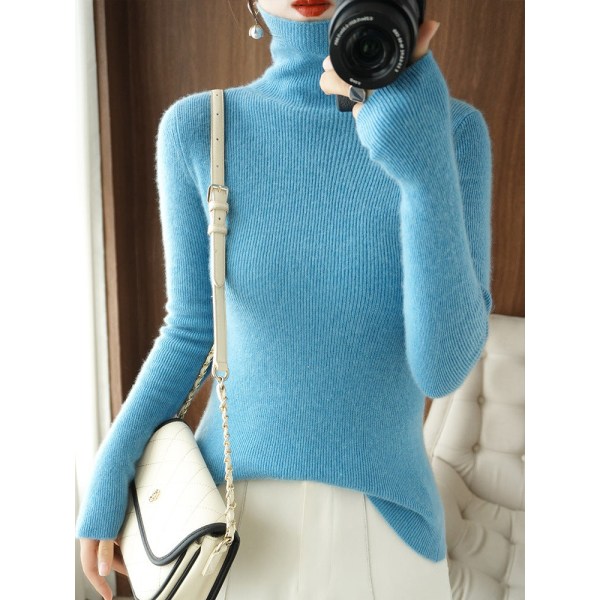 Strikkevarer for kvinner Høst Vinter Genser Yttertøy Turtleneck Cashmere Genser Pile Collar Pullover Lake Blue 2XL