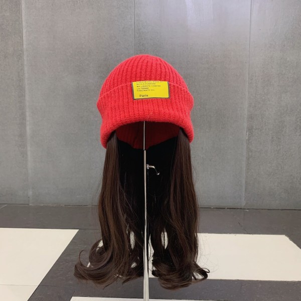 Varm vinterstrikkede lueluer Lilla koreansk stil All-Match usynlig avtakbar lue parykk unisex Red-knitted hat wig M（56-58cm）