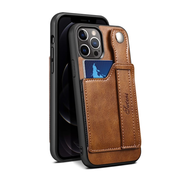 Fodral för iPhone 14 Plus brun kortplats läder handledsrem baksida