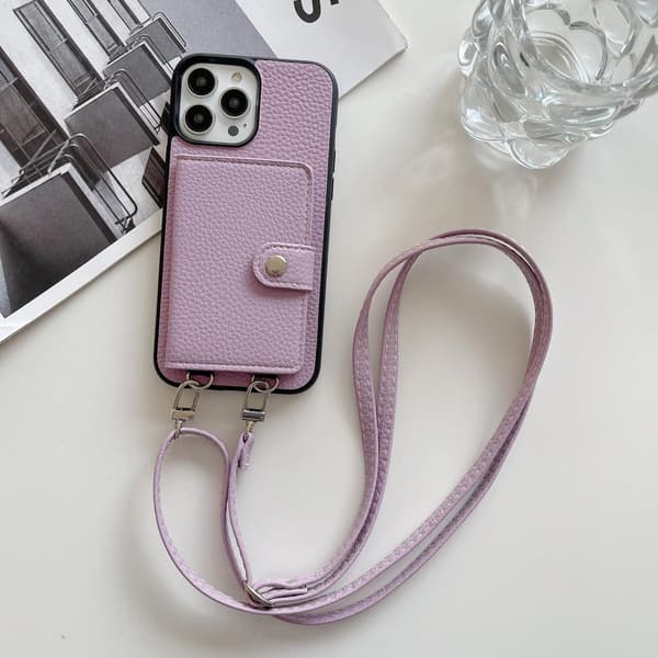 Fodral för iPhone 14max/plus lila snodd crossbody solid korthållare vikbart japanskt l