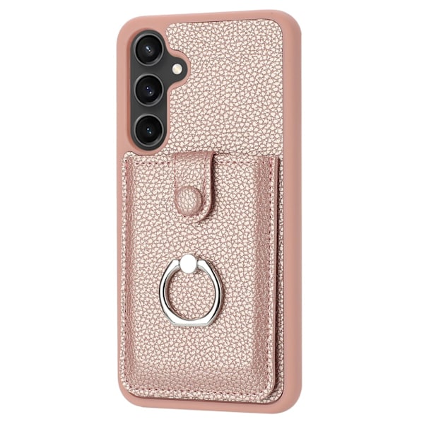 Kotelo iPhone 15 Prolle, vaaleanpunainen sormuspidike, korttipaikka, nahkainen, iskunkestävä