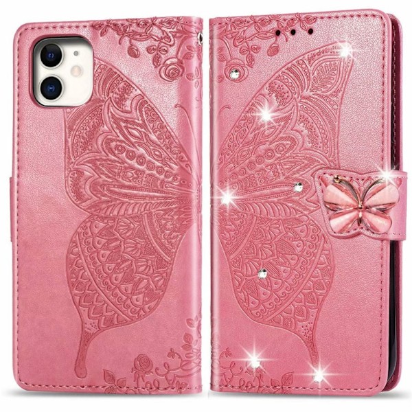 Etui til iPhone 14 Max pink diamant præget sommerfugl læder blomsterplade