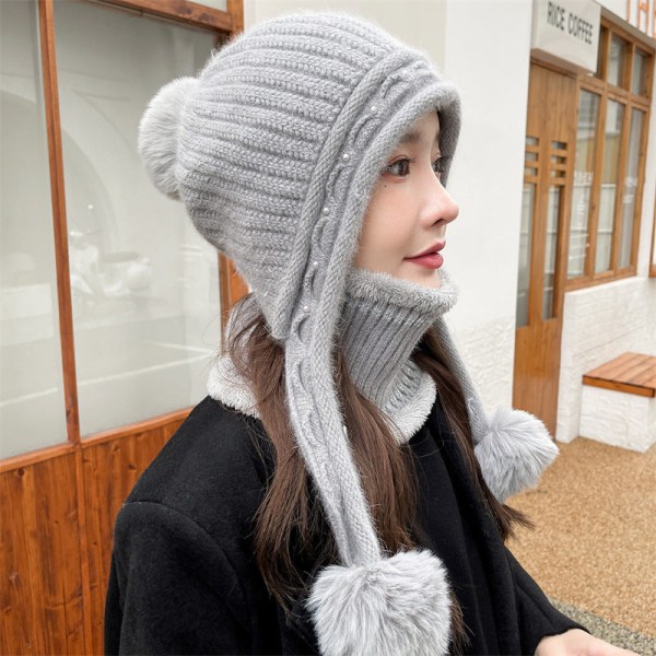 Varm vinterstrikk lue luer Ulltrekk Kuldebeskyttelse om vinteren Varm fløyelspolstret fortykket pels Ball Ørebeskyttelse Unisex Gray Hat scarf M