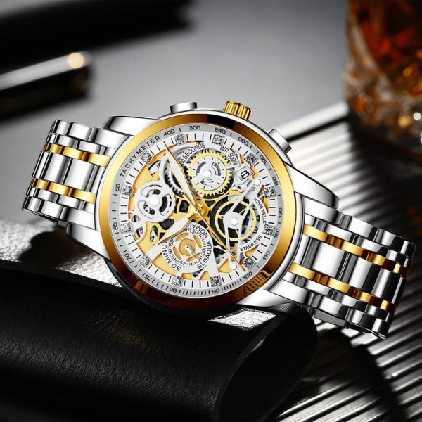 Men Watches Hollow Quartz Light Waterproof Non-Mechanical Gift fully Golden