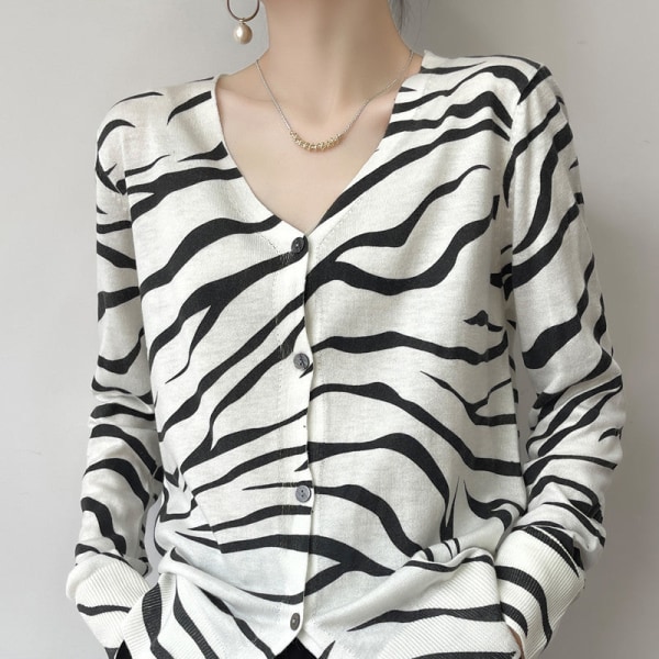 Kvinder Strik Efterår Vinter Sweater V-hals Zebra Print Ulden Sweater Løs Cardigan Yderbeklædning Top White S